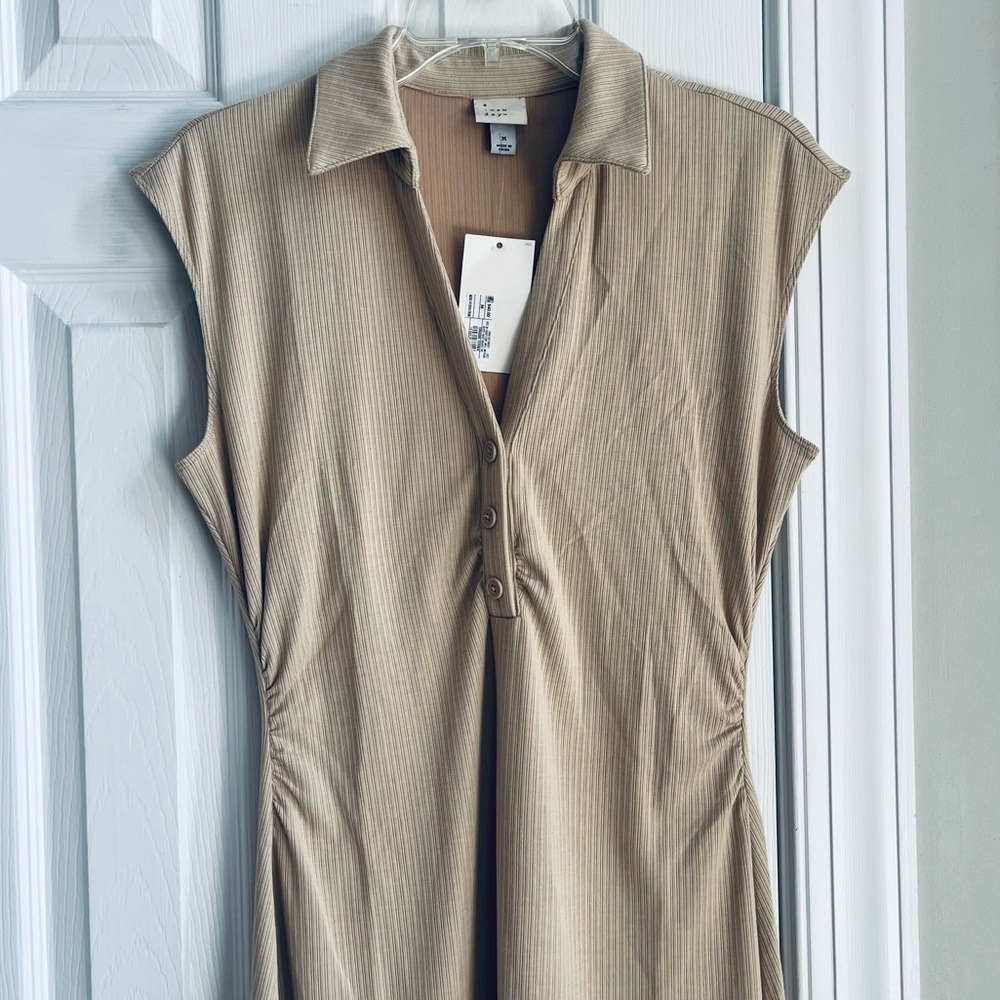 A New Day Short Cap Sleeve Ribbed Polo Midi Bodycon Dress Medium Irish Cream NWT - Picture 4 of 13